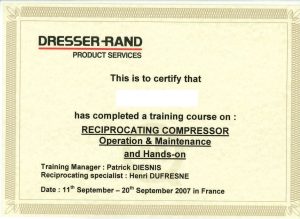 Certyfikat-ukończenia-kursu-dla-mechanika-sprężarek-tłokowych-Dresser-Rand