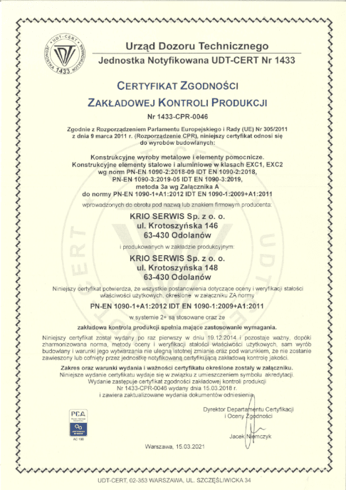 Certyfikat Zgodności ZKP PE-EN 1090 2012