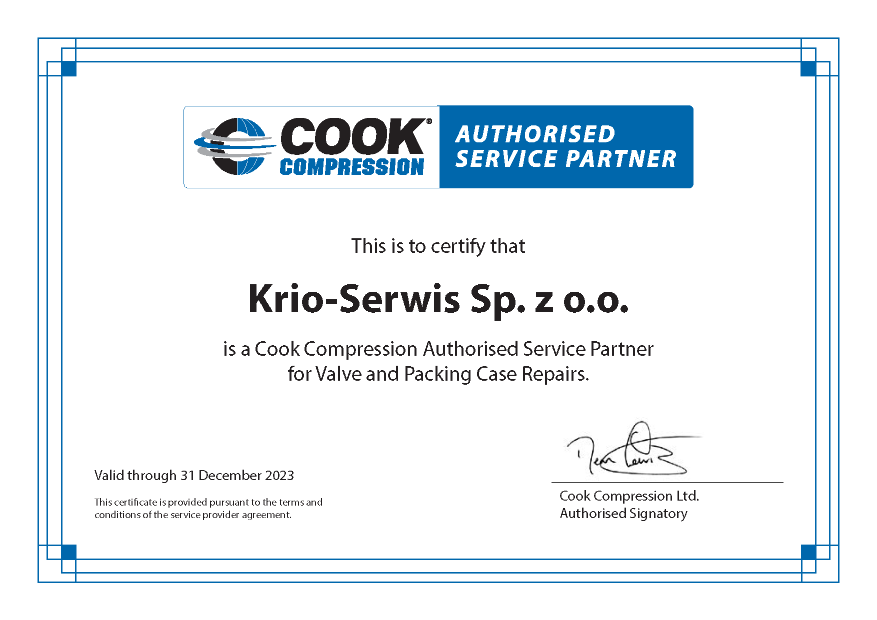 Authorised Service Partner Certificate_Krio-Serwis_2023